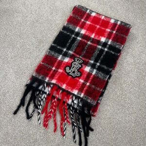 Lauren Ralph‎ Lauren Plaid Scarf Red Black White Crystal Logo Made in Italy